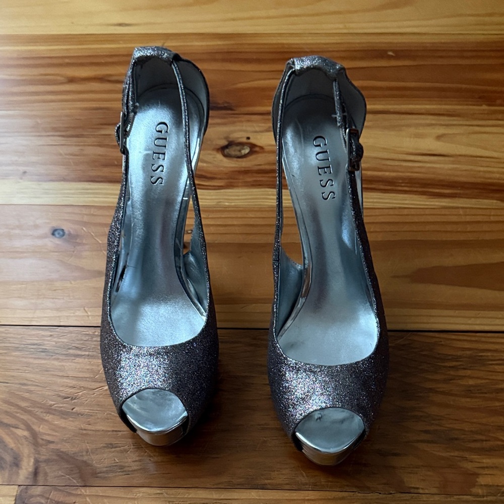 GUESS Women's Sparkling Peep Toe Heels - Silver
